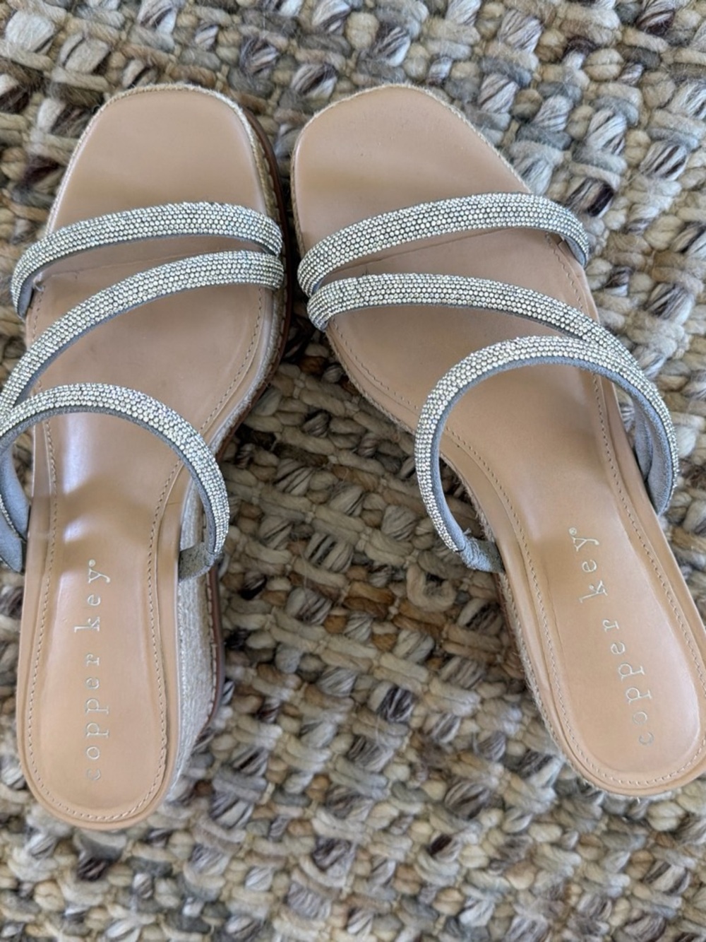 Copper Key Silver Rhinestone Strappy Slide Sandals